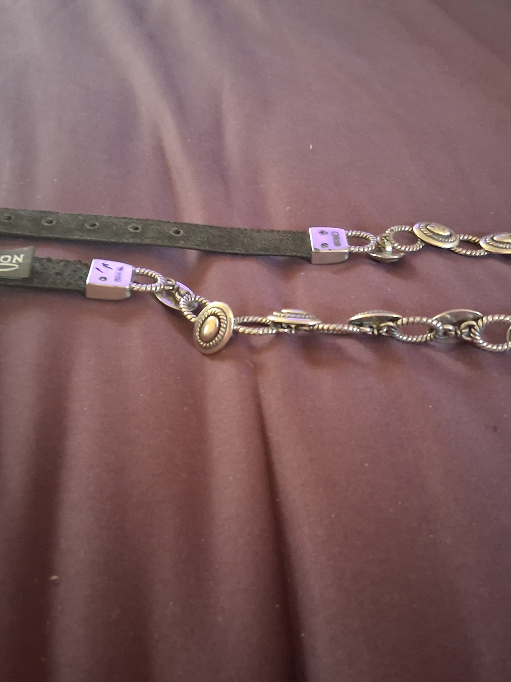 Brighton Womens Decorative Silver-Tone Chain Belt with Black Leather Strap Small